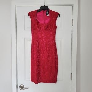 Red Lace Dress Knee Length Cap Sleeve
